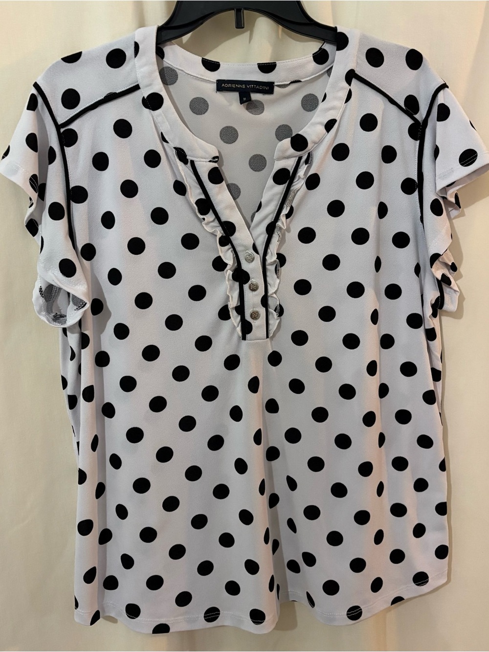 Adrienne Vittadini White and Black Polka Dot Short Sleeve Blouse